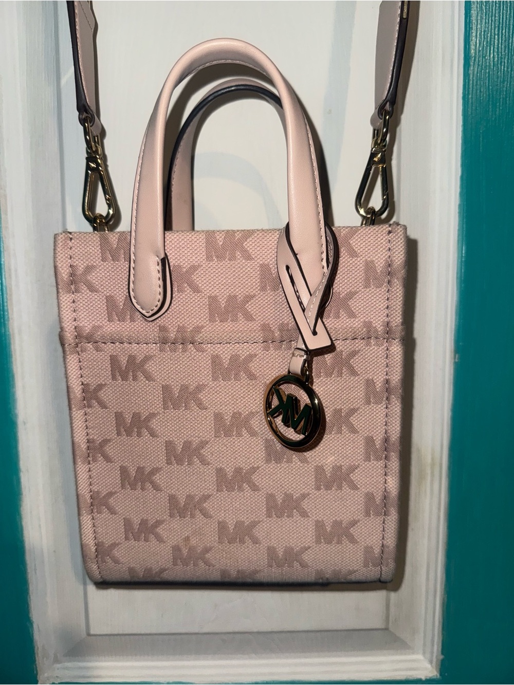 Michael Kors Pale Pink MK Signature Mini Tote with Gold Charm